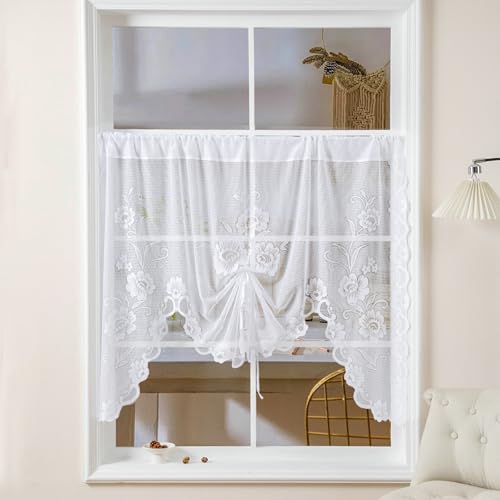 Küchenvorhänge Fenster, Weiß Spitze mit Blumenmuster Kurzgardine Kurzvorhang Trennvorhang Modern Wohnzimmer Balkontür, Polyester, B180 x H100 cm von Mesnt