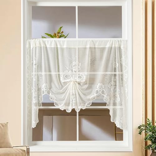 Küchenvorhänge Modern, Beige Spitze mit Blumenmuster Kurzgardine Kurzvorhang Trennvorhang Modern Wohnzimmer Balkontür, Polyester, B150 x H100 cm von Mesnt