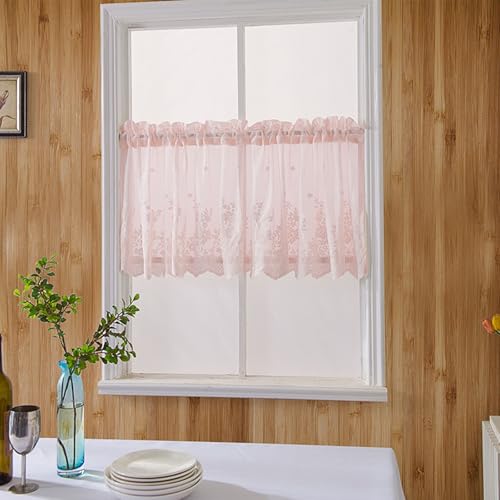 Kurze Fenstervorhänge, Rosa Einfarbige Stickerei Kurzgardine Kurzvorhang Trennvorhang Modern Wohnzimmer Balkontür, Polyester, B137 x H90 cm von Mesnt