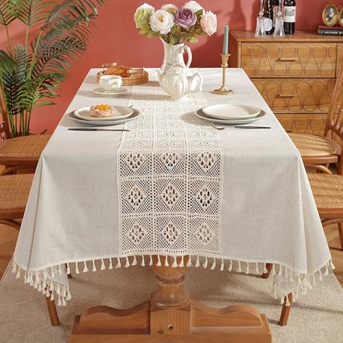 Mesnt Tischdeko Elegant, Polyester Hohles Blumengittermuster mit Quaste Tischtuch für Esszimmer, Garten, Party, Hochzeiten oder Haushalt, Beige, Stil 4, 140 x 260 cm von Mesnt