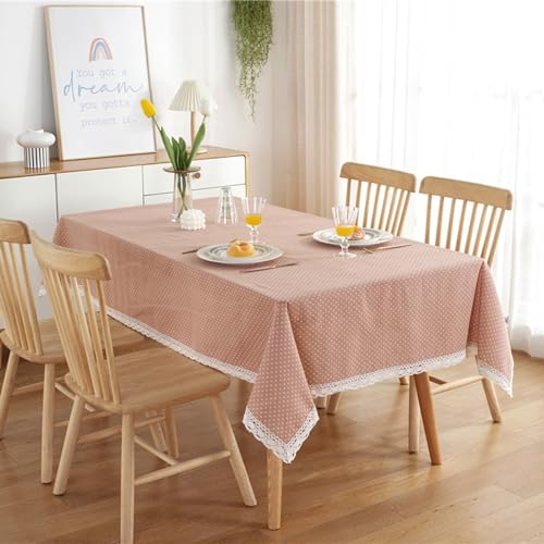 Mesnt Tischdekoration Wohnzimmer, Baumwolle Polyester Polka Dot mit Spitzensaum Tischtuch Fleckenschutz, Leichter Lachs, 140 x 140 cm von Mesnt