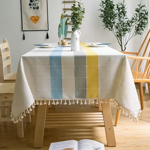 Mesnt Tischtuch Abwaschbar, Polyester mit farbigem Streifengittermuster Tischtuch für Esszimmer, Garten, Party, Hochzeiten oder Haushalt, Blau Grau Gelb, Quaste, 90 x 90 cm von Mesnt