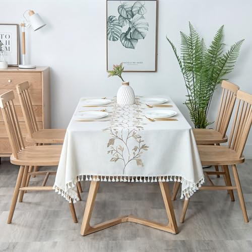 Tischdecke Esstisch Abwaschbar, Polyester Gesticktes Blatt mit Quaste Tischtuch für Esszimmer, Garten, Party, Hochzeiten oder Haushalt, Khaki, Style2-Khaki, 140 x 180 cm von Mesnt