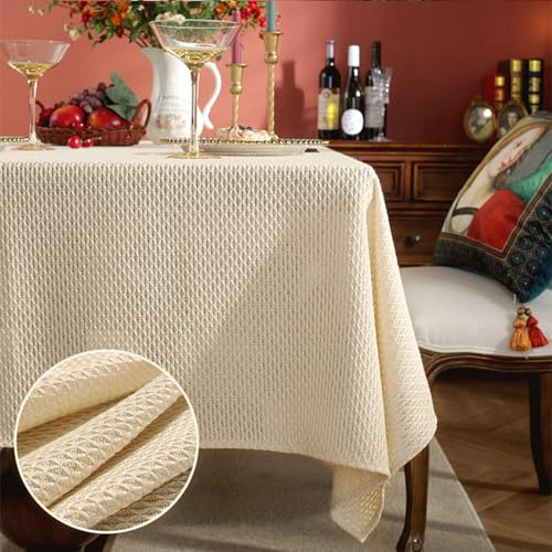 Tischdecke Küchentisch, Baumwolle Leinen Gestricktes Gitter mit Struktur Tischtuch Fleckenschutz, Beige, Beige, 135 x 240 cm von Mesnt