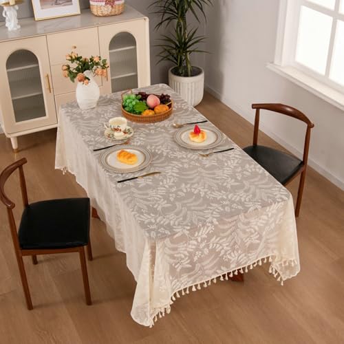 Tischdecke Spitze Vintage, Beige Gestickte Blätter Spitze staubdicht und schrumpffrei Tischdecke für Küche Essen Picknick Tischdekoration | 140x180cm von Mesnt