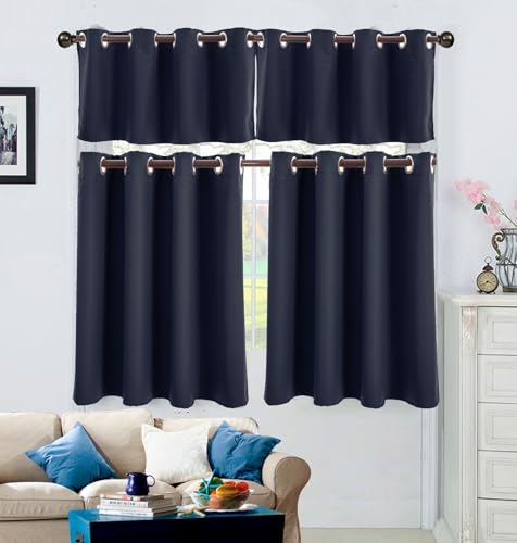 Verdunkelnde Vorhänge Kurz, Marineblau Einfarbig Kurzgardine Kurzvorhang Trennvorhang Modern Wohnzimmer Balkontür, Polyester, B132 x H90 cm von Mesnt