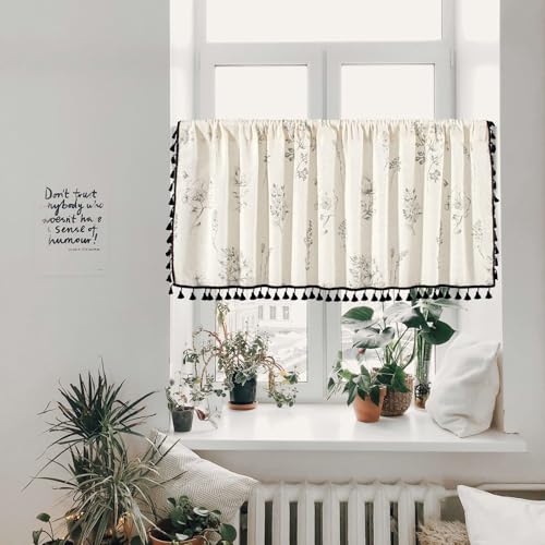 Vorhänge Schlafzimmer Kurz, Beige Schwarz Idyllische gedruckte Blume Muster Kurzgardine Kurzvorhang Trennvorhang Modern Wohnzimmer Balkontür, Baumwolle Leinen, B150 x H91 cm von Mesnt