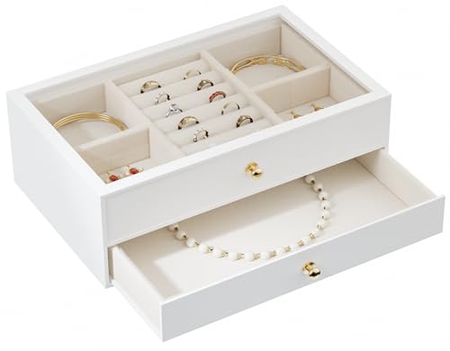 Messmenos Schmuckschatulle mit Glasdeckel, Acryl-Schmuck-Organizer für Damen und Mädchen, 2 Ebenen, Schmucktruhe für Ohrringe, Ringe, Halsketten, Armbänder (weiß) von Messmenos