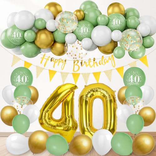 40. Geburtstagsdeko, 84 Stück Geburtstag Deko Frau Mann mit Banner, Riesen Folienballon Zahl 40, Sage Grün Gold Luftballons Party Ballons Tortendeko für 40 Geburtstag Dekoration von MestectPET