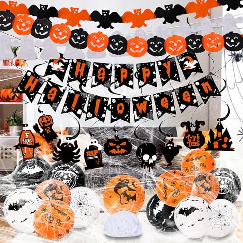 Halloween Deko, Wiederverwendbare Halloween Party Dekorationsset, Happy Halloween Banner, Halloween Girlande, Hängende HalloweenDekorationen,14 Halloween Luftballons, 60 g Spinnennetz von MestectPET