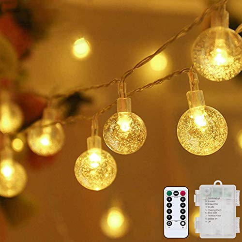 LED Lichterkette Warmweiß 5m 50LED Kristall Kugeln Batterie mit Fernbedienung 8 Modi Wasserdicht Außen Innen Weihnachten für Zimmer Party Garten DIY Deko Metaku von Metaku