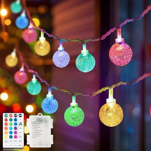 Metaku 5M 50 LED Lichterkette Kugeln Bunt, Kristall Globe Lichterkette Batterie Innen mit 8 Modi Fernbedienung Timer, Wasserdicht Lichterkette Außen Weihnachten für Zimmer, Balkon, Garten, Party Deko von Metaku