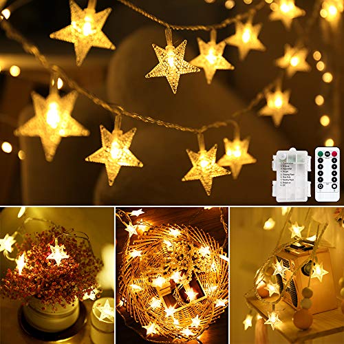 Metaku Lichterkette LED Lichterkette Sterne Batterie 6M 40LED Sterne Warmweiß Lichterkette mit Fernbedienung 8 Modi Wasserdicht Außen Innen Weihnachten Lichterketten für Zimmer Party Garten DIY Deko von Metaku