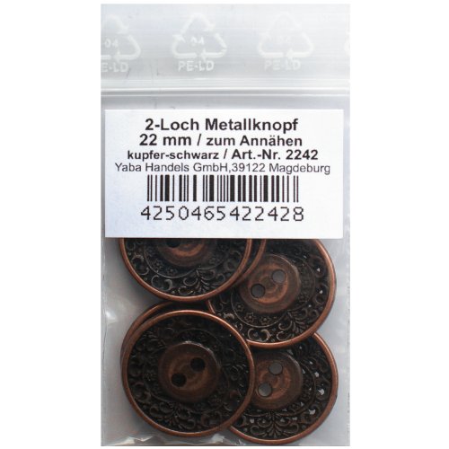 8 Metallknöpfe 2-Loch, kupfer-schwarz 22mm, zum Annähen Metall-, Zier-, Schmuck- Knopf Knöpfe, 2242 von "Metallknöpfe"