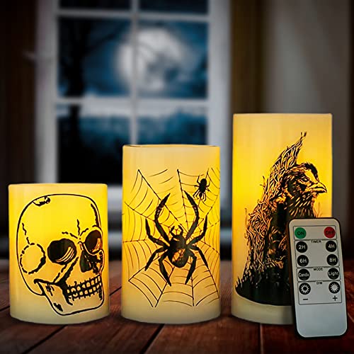 Metuu 3 Halloween LED Kerzen und 1 Fernbedienung, Halloween-Dekoration, echtes Paraffinwachs-Kerzenlicht mit Totenkopf, Spinnennetz, Krähen-Raben-Aufkleber-Design von Metuu