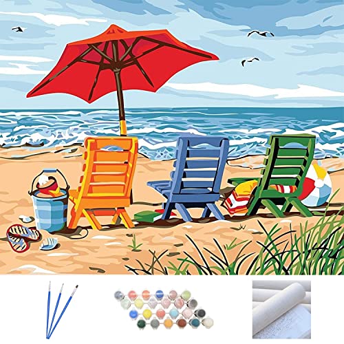 Metuu DIY Ölgemälde für Erwachsene und Kinder, digitale Acrylpigmente, bunte Leinwandmalerei mit Kit, einfach für Anfänger 16 x 20 Zoll, Strandkorb und Regenschirm (ohne Rahmen) von Metuu