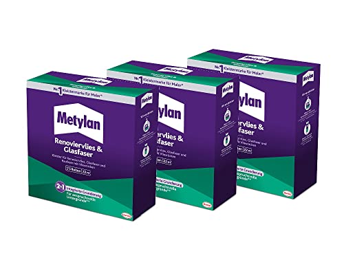 Metylan Renoviervlies & Glasfaser, Tapetenkleister & Grundierung für Renoviervlies, Glasfaser- & Raufasertapete mit Vliesrücken, Kleister für Feuchträume, 3x500g von Metylan