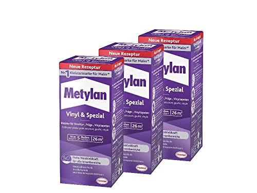 Metylan Vinyl und Spezial, Tapetenkleister für Struktur-, Präge-, und Vinyltapeten, optimale Anstrichstabilität und einfaches Ausrichten, Kleister mit hoher Ergiebigkeit, transparent, 3x180g von Metylan