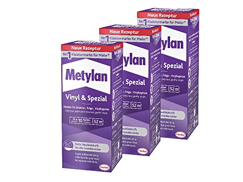 Metylan Vinyl und Spezial, Tapetenkleister für Struktur-, Präge-, und Vinyltapeten, optimale Anstrichstabilität und einfaches Ausrichten, Kleister mit hoher Ergiebigkeit, transparent, 3x360g von Metylan