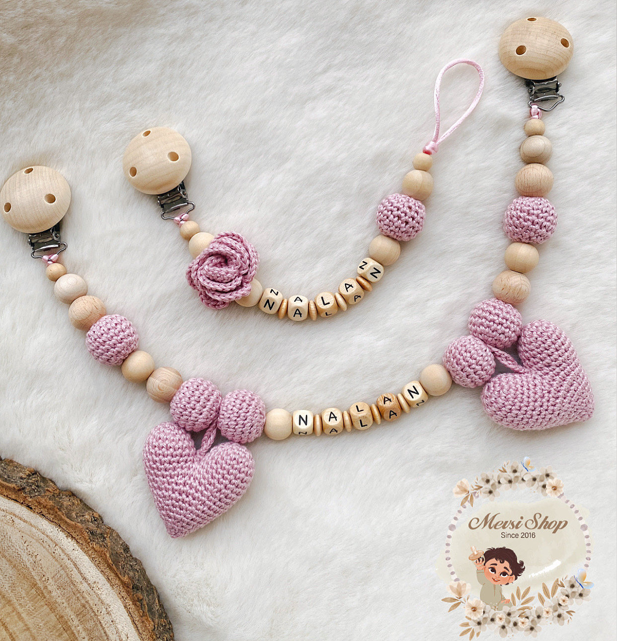 Schnullerkette Kinderwagenkette Herz Rose Natur von MevSi