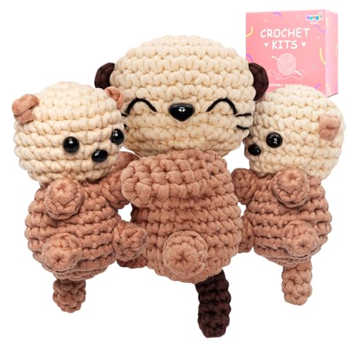 Mewaii Häkelset für Anfänger, Häkel-Starter-Set mit Schritt-für-Schritt-Video-Tutorial, Häkeltier-Komplettset mit über 40 % Anfängerfreundlichem Garn für Erwachsene und Kinder (Sea Otter-Familie, 3 von Mewaii