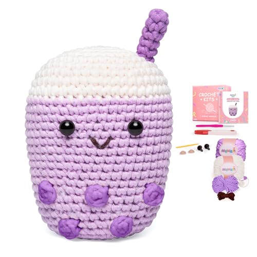 Mewaii Häkelset für Anfänger Stufe 1 mit 40 % extra vorgestartetem Easy Garn, Schritt-für-Schritt-Video-Tutorials für Erwachsene und Kinder (Purple Boba) von Mewaii