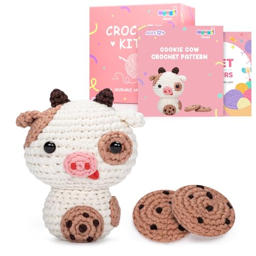 Mewaii Häkelset für Anfänger Stufe 2 mit 40 % extra vorgestartetem Easy Garn, Schritt-für-Schritt-Video-Tutorials für Erwachsene und Kinder (Cookie Cow) von Mewaii