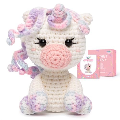 Mewaii Häkelset für Anfänger, Stufe 2, mit 40 % extra umweltfreundlichem, vorgestartetem einfachen Garn, Schritt-für-Schritt-Video-Tutorials für Erwachsene und Kinder (Pastell-Einhorn) von Mewaii