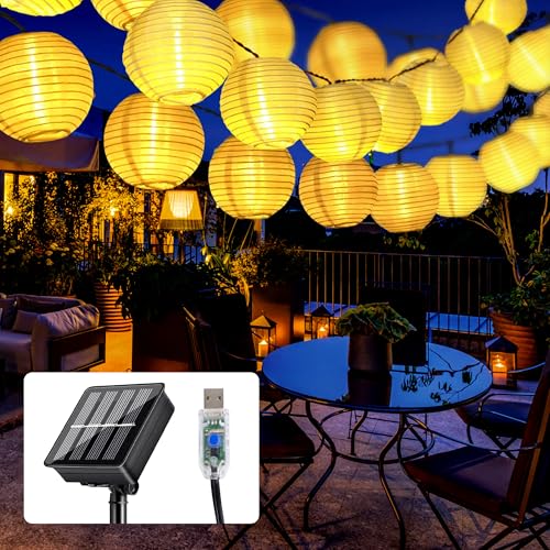 Mexllex Solar Lichterkette Lampion Außen, 8M 40 LED 8 Modi Lampions Solar Außen Wetterfest, USB-betrieben Solarlampen für Außen Garten,Balkon Garten,Terrasse,Hochzeit Deko (Warmweiß) von Mexllex