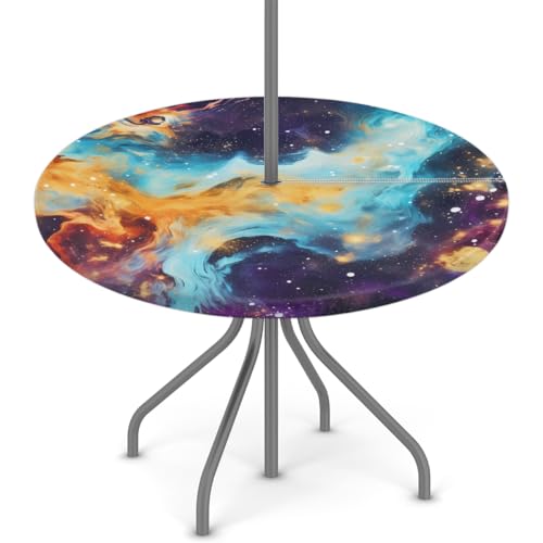 Mexpekil Outdoor-Tischdecke, Galaxie-Universum, rund, mit Reißverschluss und Schirmloch, wasserdicht, elastische Kanten, Tischdecke für Party, Picknick und Terrasse, passend für Tische mit einem von Mexpekil