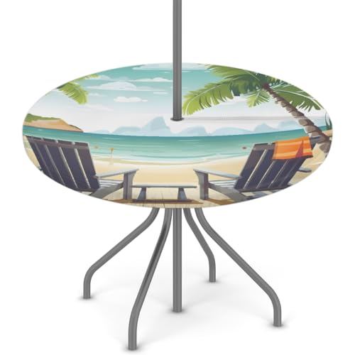 Mexpekil Outdoor-Tischdecke, Strand, Palme, tropisches Meer, rund, mit Reißverschluss und Schirmloch, wasserdicht, elastische Kanten, Tischdecke für Party, Terrasse, passend für Tische mit einem von Mexpekil