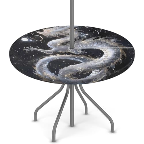 Mexpekil Outdoor-Tischdecke mit Galaxie-Drachen, rund, mit Reißverschluss und Schirmloch, wasserdicht, elastische Kanten, Tischdecke für Party, Picknick und Terrasse, passend für Tische mit einem von Mexpekil