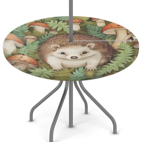 Mexpekil Outdoor-Tischdecke mit Pilz-Igel, rund, mit Reißverschluss und Schirmloch, wasserdicht, elastische Kanten, Tischdecke für Party, Picknick und Terrasse, passend für Tische mit einem von Mexpekil