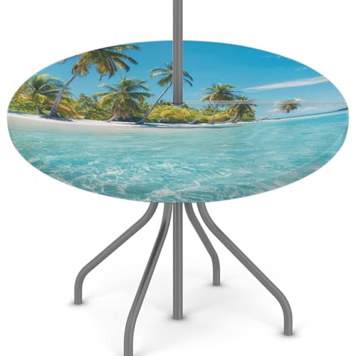 Mexpekil Outdoor-Tischdecke mit Strandpalme, rund, mit Reißverschluss und Schirmloch, wasserdicht, elastische Kanten, Tischdecke für Party, Picknick und Terrasse, passend für Tische mit einem von Mexpekil