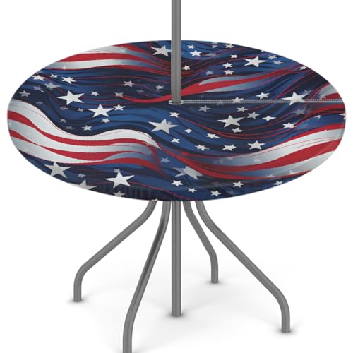 Mexpekil Outdoor-Tischdecke mit amerikanischer Flagge, rund, mit Reißverschluss und Schirmloch, wasserdicht, elastische Kanten, Tischdecke für Party, Picknick und Terrasse, passend für Tische mit von Mexpekil