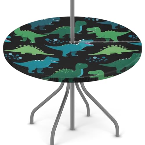 Mexpekil Outdoor-Tischdecke mit niedlichem Dinosaurier-Motiv, rund, mit Reißverschluss und Schirmloch, wasserdicht, elastische Kanten, Tischdecke für Party, Picknick und Terrasse, passend für Tische von Mexpekil