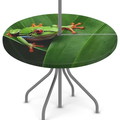 Mexpekil Outdoor-Tischdecke mit roten Augen, Frosch, rund, mit Reißverschluss und Schirmloch, wasserdicht, elastische Kanten, Tischdecke für Party, Picknick und Terrasse, passend für Tische mit einem von Mexpekil