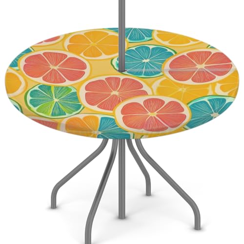 Mexpekil Runde Tischdecke mit Sonnenschirmloch und Reißverschluss, Motiv: Grapefruit, Zitrone, Obst, abwaschbar, 114,3–142,2 cm, elastischer Saum, für Terrasse, Garten von Mexpekil