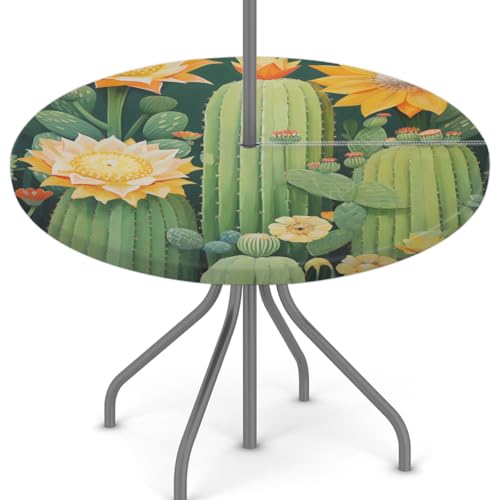 Mexpekil Runde Tischdecke mit Sonnenschirmloch und Reißverschluss, abwaschbar, Sonnenblumenkaktus, 114,3 - 142,2 cm, elastischer Saum, für Terrasse, Garten von Mexpekil