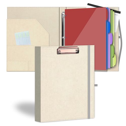 3-Ringbuch mit Klemmbrett, Stoff-Klemmbrett mit Notizblock und 5 Trennwänden mit 10 Taschen, Etiketten, Klemmbrettordner, ideal für Schule, Büro (Beige) von MeyAnsle