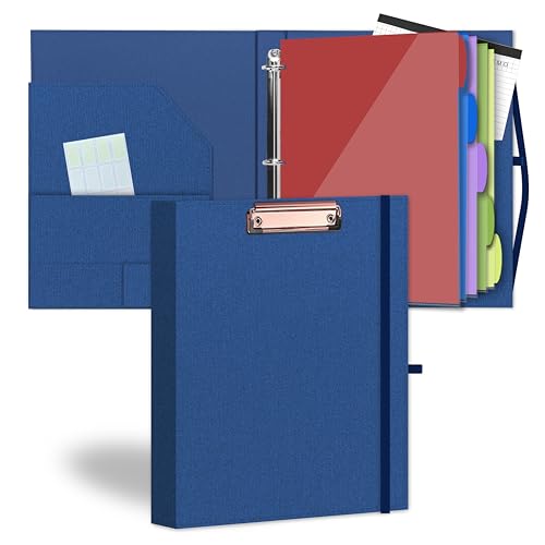 3-Ringbuch mit Klemmbrett, Stoff-Klemmbrett mit Notizblock und 5 Trennwänden mit 10 Taschen, Etiketten, Klemmbrettordner, ideal für Schule, Büro (blau) von MeyAnsle