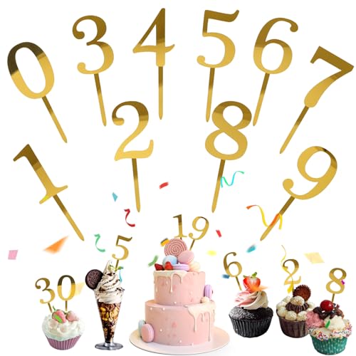 Mezrkuwr 10 Stück Nummer Cake Topper Zahlen 0-9 Geburtstag Tortendeko Kuchenstecker Cupcake, Acrylmaterial Geeignet für Geburtstagsfeiern Jeden Alters Hochzeitsparty von Mezrkuwr