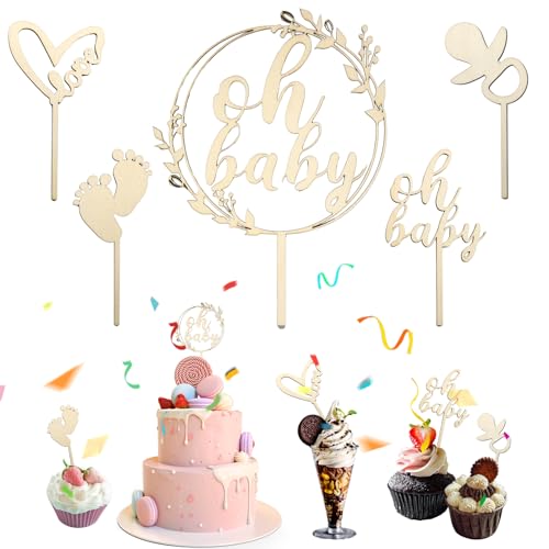 Mezrkuwr 5 Stück Oh Baby Cake Topper Holz, Oh Baby Tortendeko für Babyparty Baby Shower Deko, Gender Reveal Partydeko, Kindertaufe schmücken Tortenaufsatz aus von Mezrkuwr