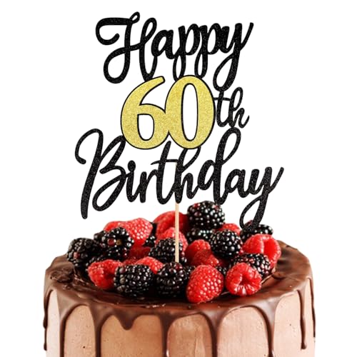 Mezrkuwr® Tortenaufsatz „Happy 60th Birthday“ mit glitzerndem Glitzer „Happy 60th Birthday“, Tortenaufsatz für die Party, Jubiläumsparty, Kuchendekorationszubehör von Mezrkuwr