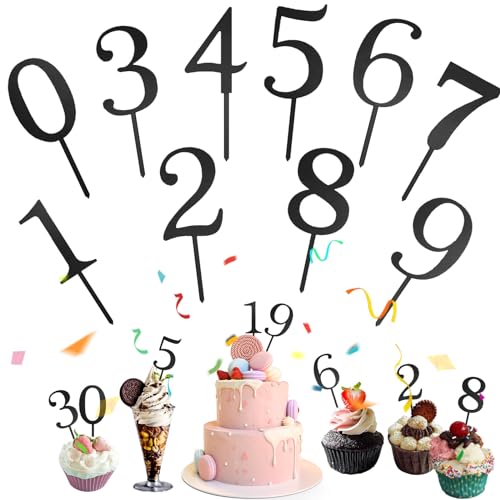 Mezrkuwr 10 Stück Nummer Cake Topper Zahlen 0-9 Geburtstag Tortendeko Kuchenstecker Cupcake, Acrylmaterial Geeignet für Geburtstagsfeiern Jeden Alters (Schwarz) von Mezrkuwr