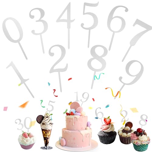 Mezrkuwr 10 Stück Nummer Cake Topper Zahlen 0-9 Geburtstag Tortendeko Kuchenstecker Cupcake, Acrylmaterial Geeignet für Geburtstagsfeiern Jeden Alters (Silber) von Mezrkuwr