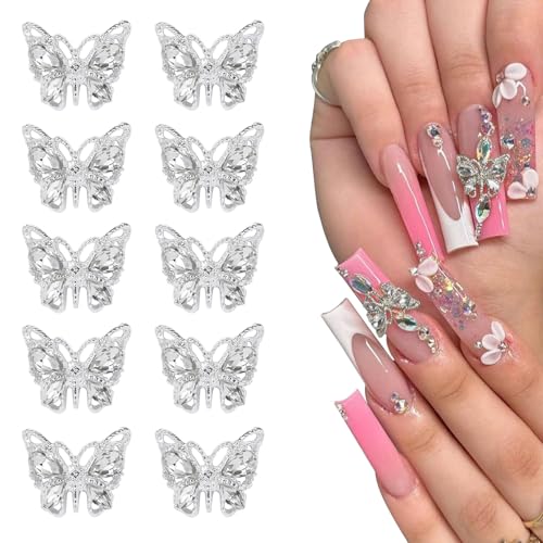 Mezrkuwr 10 Stück Schmetterlings nail charms Nagel Charms Silber Metall Schmetterlings Nagel Kunst Anhänger Strasssteine charms für Nägel Nagel-Edelsteine Schmuck von Mezrkuwr