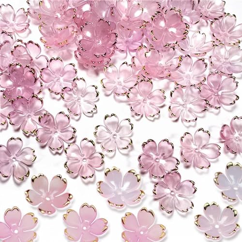 Mezrkuwr 50 Stück Kirschblüten Acryl Blumenperlen, perlen für armbänder, schmuckperlen, Abstandsperlen, Farbverlaufs Blumenperlen, vergoldete Blumen-Perlen-Charms von Mezrkuwr