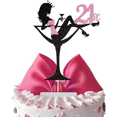 Mezrkuwr Rotweinglas Mädchen Tortendeko, 21st Geburtstag Cake Topper Glitter High Heel Mädchen Kuchen Deko für Mädchen Lady Bachelorette Thema Geburtstag Party von Mezrkuwr