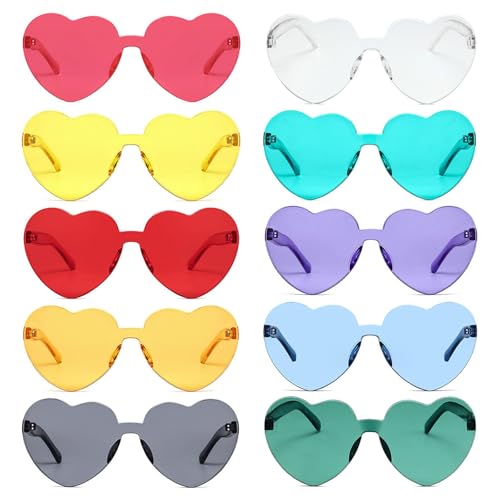 Mezzar 10 Paar Brille Herz Sonnenbrille für Damen, Hippie Herzförmige Brille, Magische Farben Party Brille, Transparente Bunte Herzform Sonnenbrille Set von Mezzar